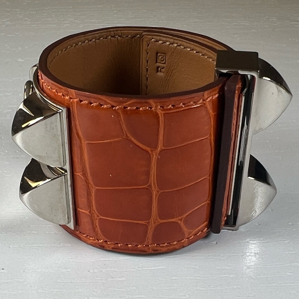 Hermès Fauve Shiny Alligator Collier de Chien Palladium Hardware Size S